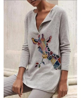 Round Neck Fawn Print Casual Long-sleeved T-shirt 