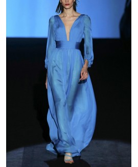 Blue V-neck Faux Silk Puff Sleeve Long Dress 