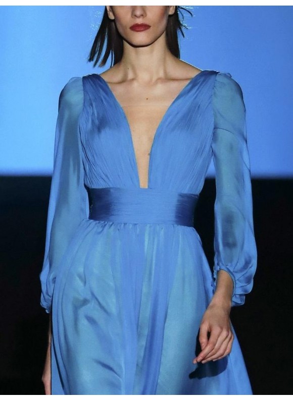 Blue V-neck Faux Silk Puff Sleeve Long Dress