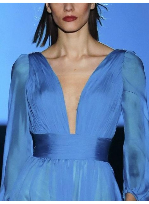 Blue V-neck Faux Silk Puff Sleeve Long Dress