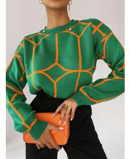 Round Neckline Geometric Pattern Long-sleeve Sweater 