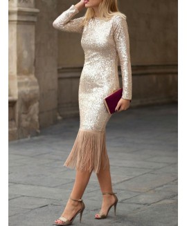 Women's Elegant Gold Sequins Tassel Hem Long Sleeve Slim Fit Hip Pencil Skirt 