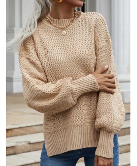 Casual Loose Solid or Hem Slit Round Neck Long-Sleeved Sweater 