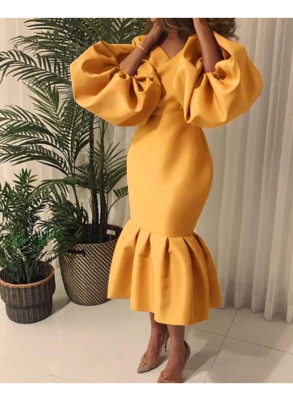 Women's Solid or V-Neck Bubble Long-Sleeve Fishtail Evening Dress