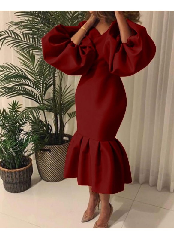 Women's Solid or V-Neck Bubble Long-Sleeve Fishtail Evening Dress