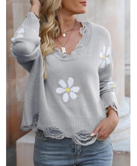 Flower V-neck Long Sleeve Loose Knit Pullover Sweater 