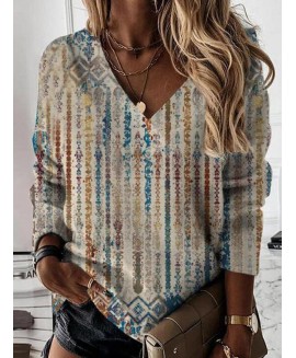 Casual Long Sleeve V Neck Printed T-shirt 