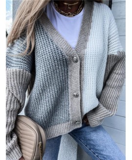 Casual or Block Stitching Long-Sleeved Sweater Cardigan 
