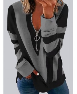 Casual Daily or Matching Zipper V-Neck Long-Sleeved Pullovers Patchwork T-Shirt 