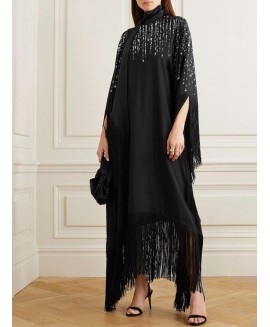 Women's Fashion Elegant Shiny Printed Fringe Loose Dress 