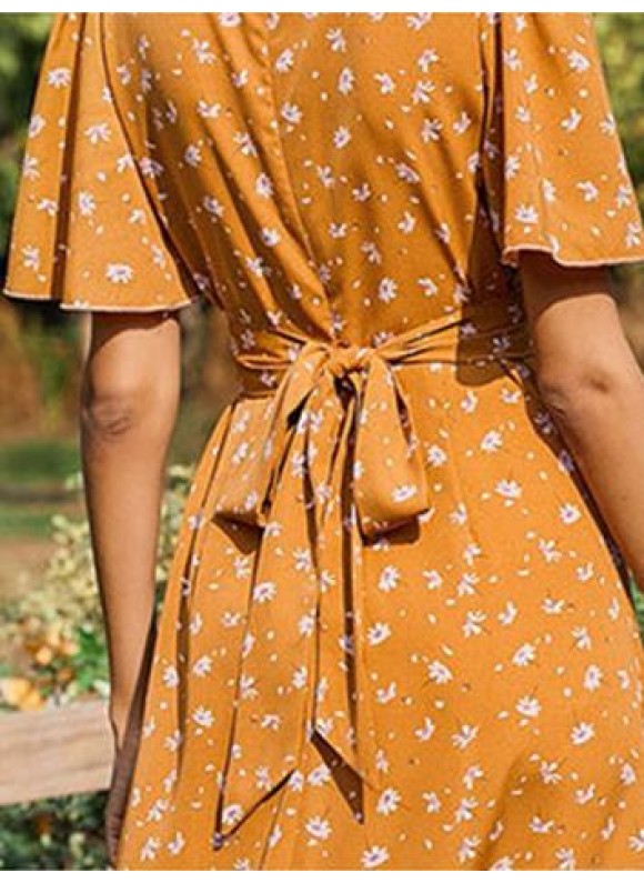 French Resort Floral Print V-Neck Short Sleeve High Waist Maxi Dress