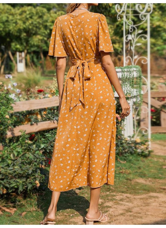 French Resort Floral Print V-Neck Short Sleeve High Waist Maxi Dress