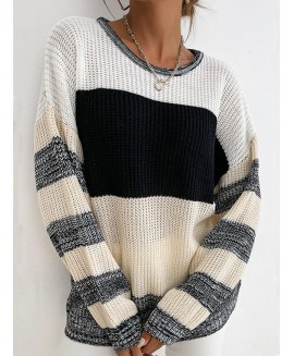 Fashion Striped or Matching Round Neck Long Sleeve Casual Pullover 