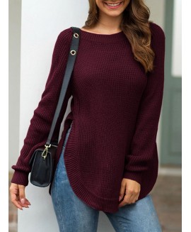 Solid or Arc Hem Casual Long-sleeved Sweater 