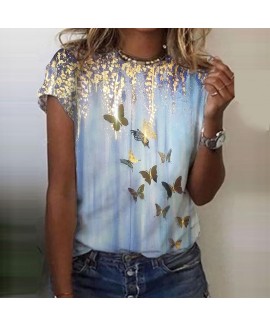 Fashion Round Neck Short Sleeve Butterfly Print T-shirt 