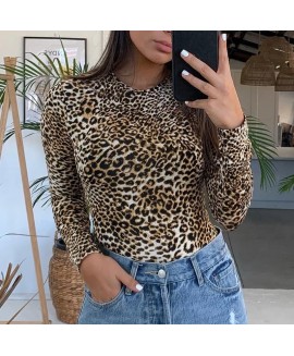 Women's High-necked Leopard Print T-shirt 