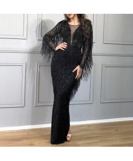 Women's Elegant Black Fringe Slim Fit Evening Dress 