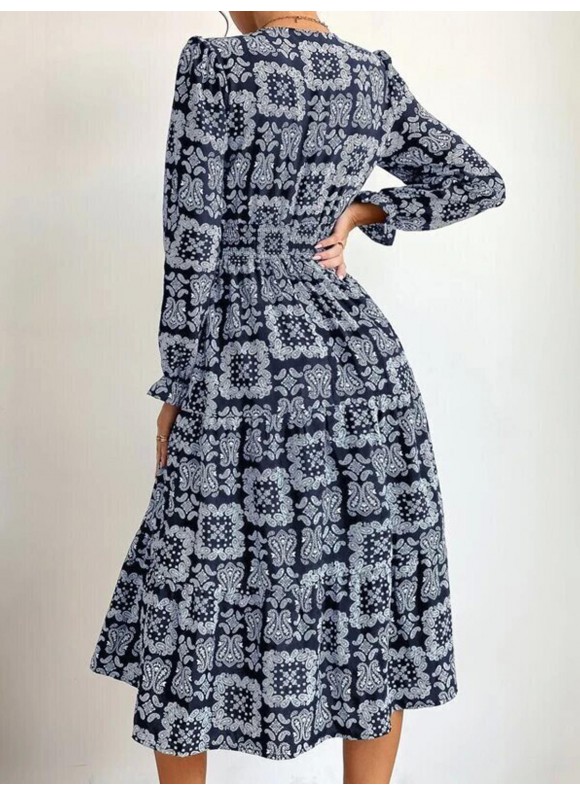 Paisley Print V-neck Long Sleeve Maxi Dress
