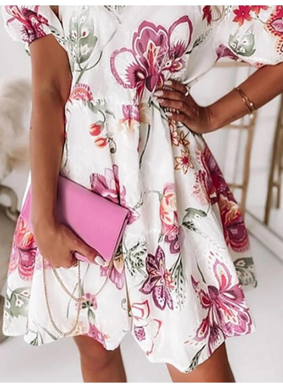 Floral V-Neck Short Sleeve Nipped Waist Midi Dress