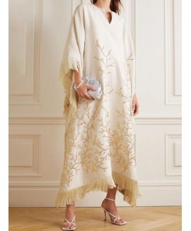 Women's Elegant Silk Rhinestone Embroidered Fringe Loose Evening Dress 