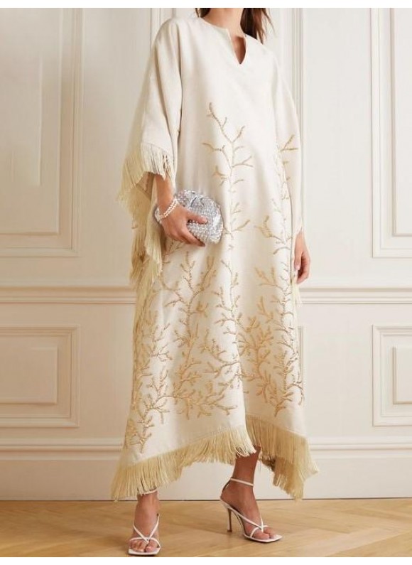 Women's Elegant Silk Rhinestone Embroidered Fringe Loose Evening Dress