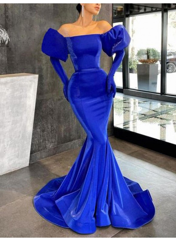 Women's Elegant One-Shoulder Puff Sleeve Slim Fishtail Evening Dress
