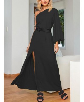 Black or Block One Shoulder Slit Hem Maxi Dress Elegant 