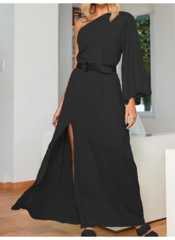 Black or Block One Shoulder Slit Hem Maxi Dress Elegant
