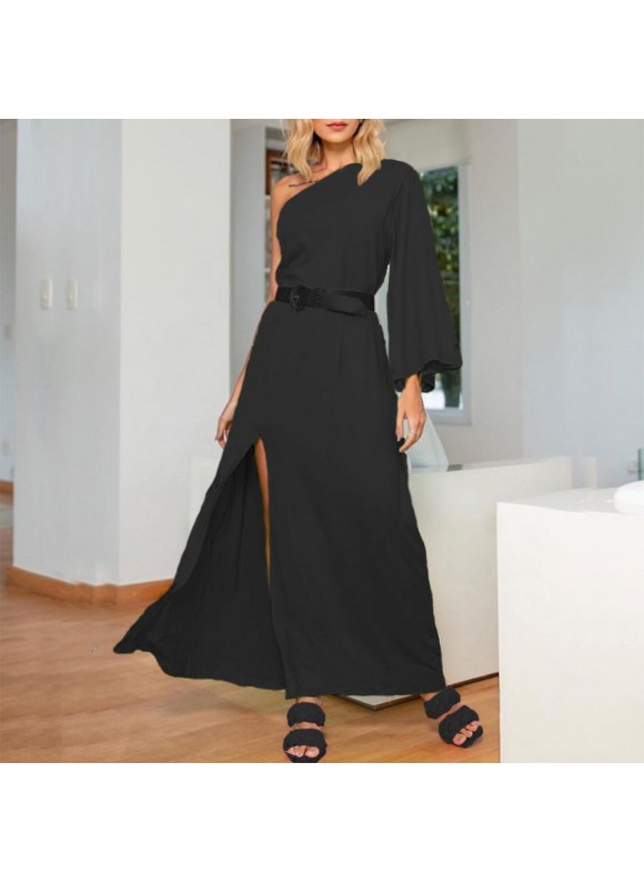 Black or Block One Shoulder Slit Hem Maxi Dress Elegant