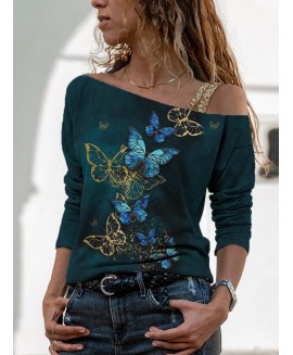 Fashion Butterfly Print One-shoulder Top Women 