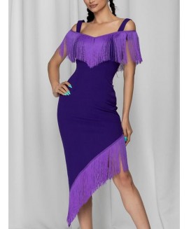 Women's Fashion Elegant Purple One Shoulder Fringe Slim Dress 