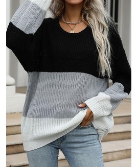 Casual Stitching Round Neck Pullover Sweater 