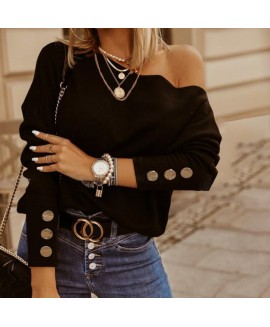 Ladies Fashion Casual Street Shooting Slant Shoulder Shoulder Long Sleeve Loose Sweater Top 