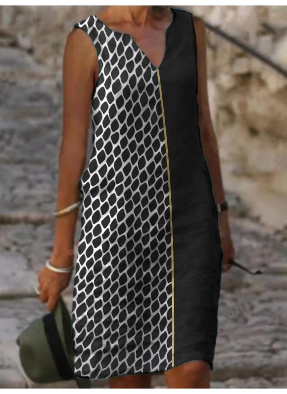 Black And Gold Geometric V-Neck Sleeveless Casual Dress