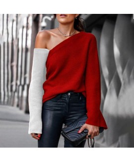 Fashion trast stitching off-shoulder knit top Sweater 