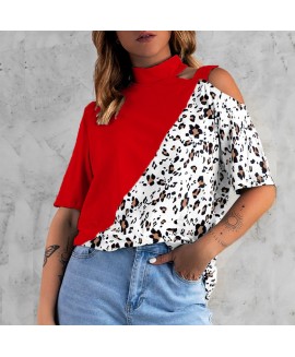 Leopard Print or Block Short Sleeve One Shoulder Top 