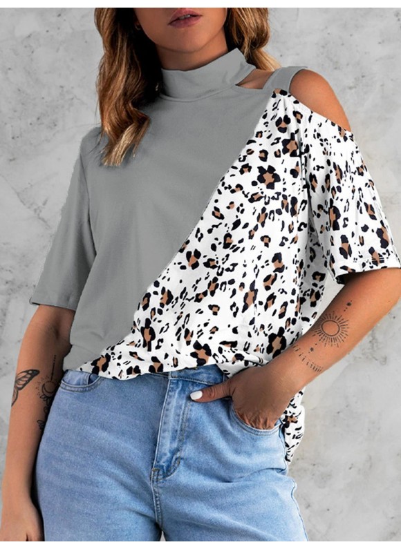 Leopard Print or Block Short Sleeve One Shoulder Top