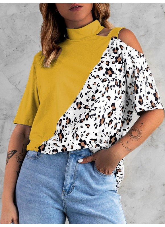 Leopard Print or Block Short Sleeve One Shoulder Top