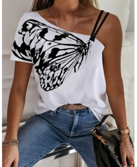 Elegant Butterfly Print Irregular Strapless T-shirt 
