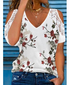 Casual Floral Print V-Neck Off-The-Shoulder Short-Sleeve T-Shirt 