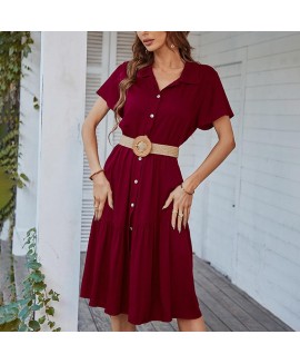 Solid or Lapel Button Short Sleeve Stitching Hem Midi Dress 