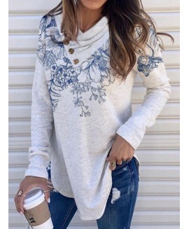 Floral Print V-neck Casual Long-sleeved T-shirt 