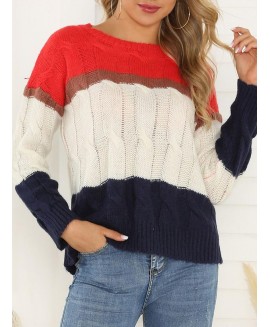 Fall/Winter Fashion Casual Round Neck Loose Stitching Knit Sweater 