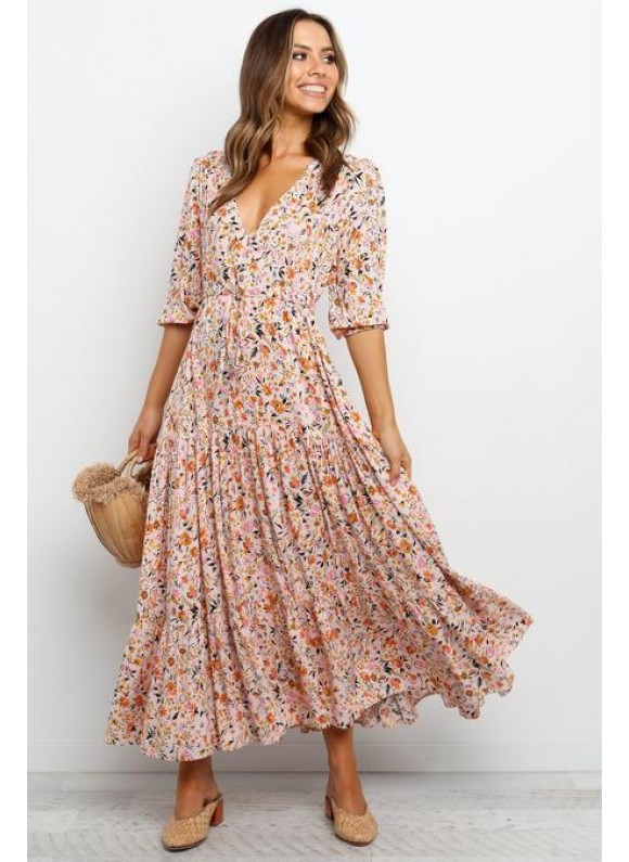Pleated Floral Print Maxi Dress