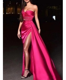 Women's Elegant Rose Asymmetric Wrap Bust Satin High Waist Slit Dress 