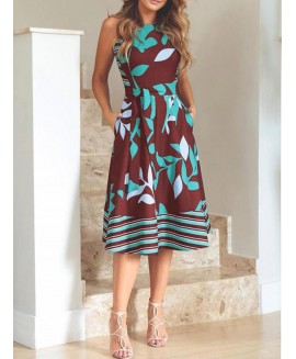 Leaf Print And Stripe Sleeveless Midi Dress 