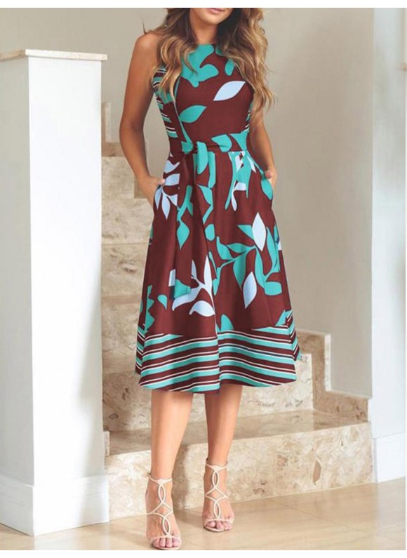 Leaf Print And Stripe Sleeveless Midi Dress