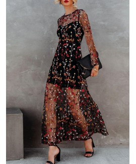 Embroidery Floral Round-neck Long Sleeve Maxi Dress 