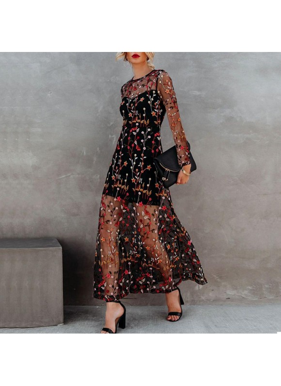 Embroidery Floral Round-neck Long Sleeve Maxi Dress