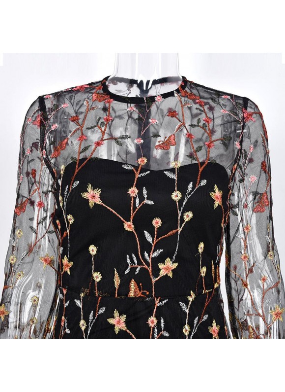 Embroidery Floral Round-neck Long Sleeve Maxi Dress
